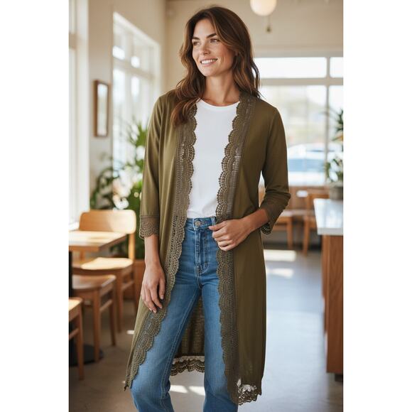 2 for $20! Tickled Teal Olive Lace-Edged long cardigan sweater - Picture 1 of 5